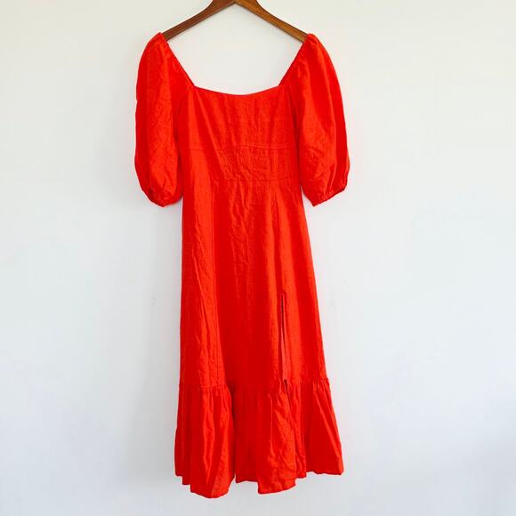 Avec Les Filles Coral Orange Puff Sleeve Side Slit Tiered Midi Dress Sz 2 XS - Picture 2 of 11